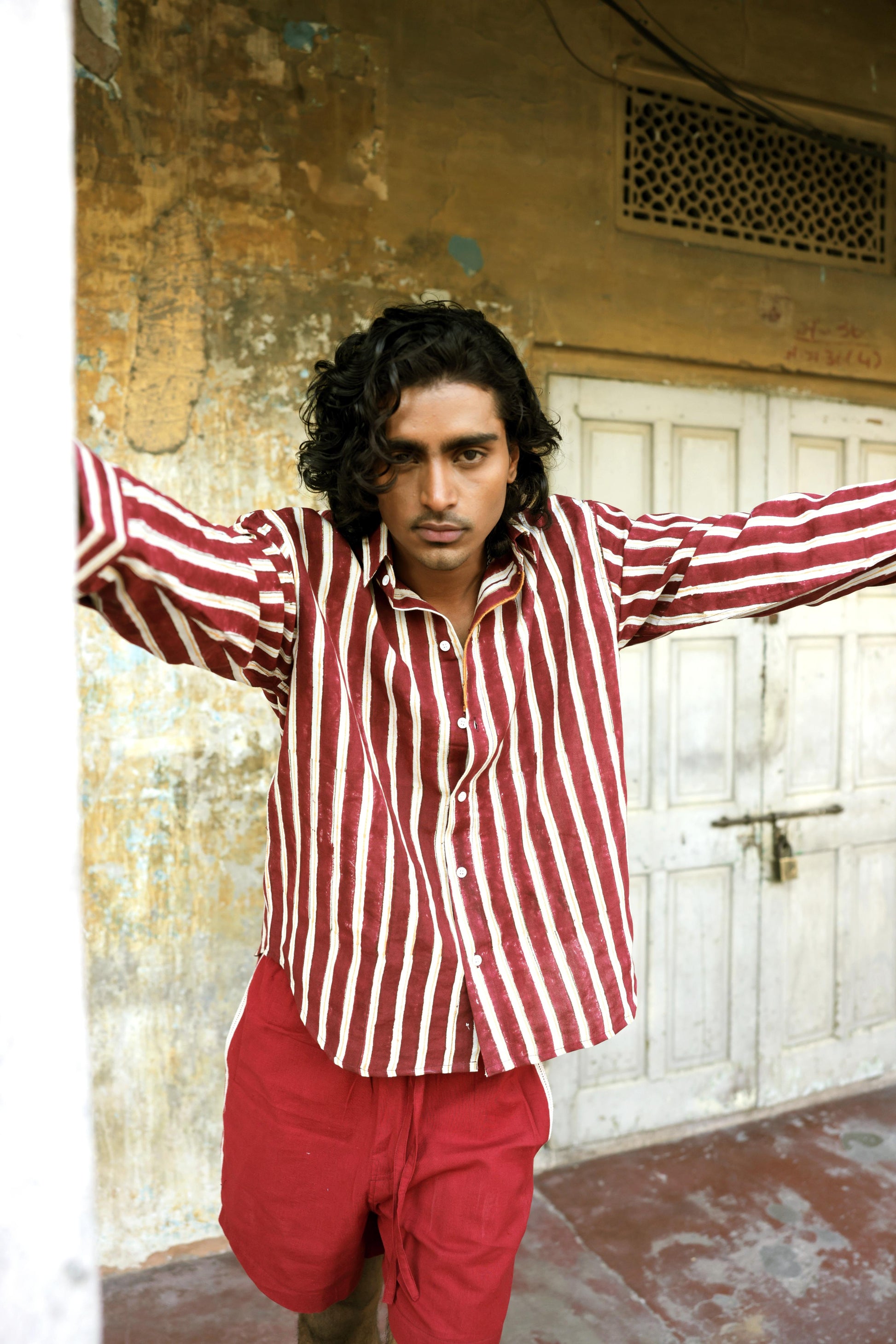 Maroon Hand-Blocked Stripe Linen Shirt