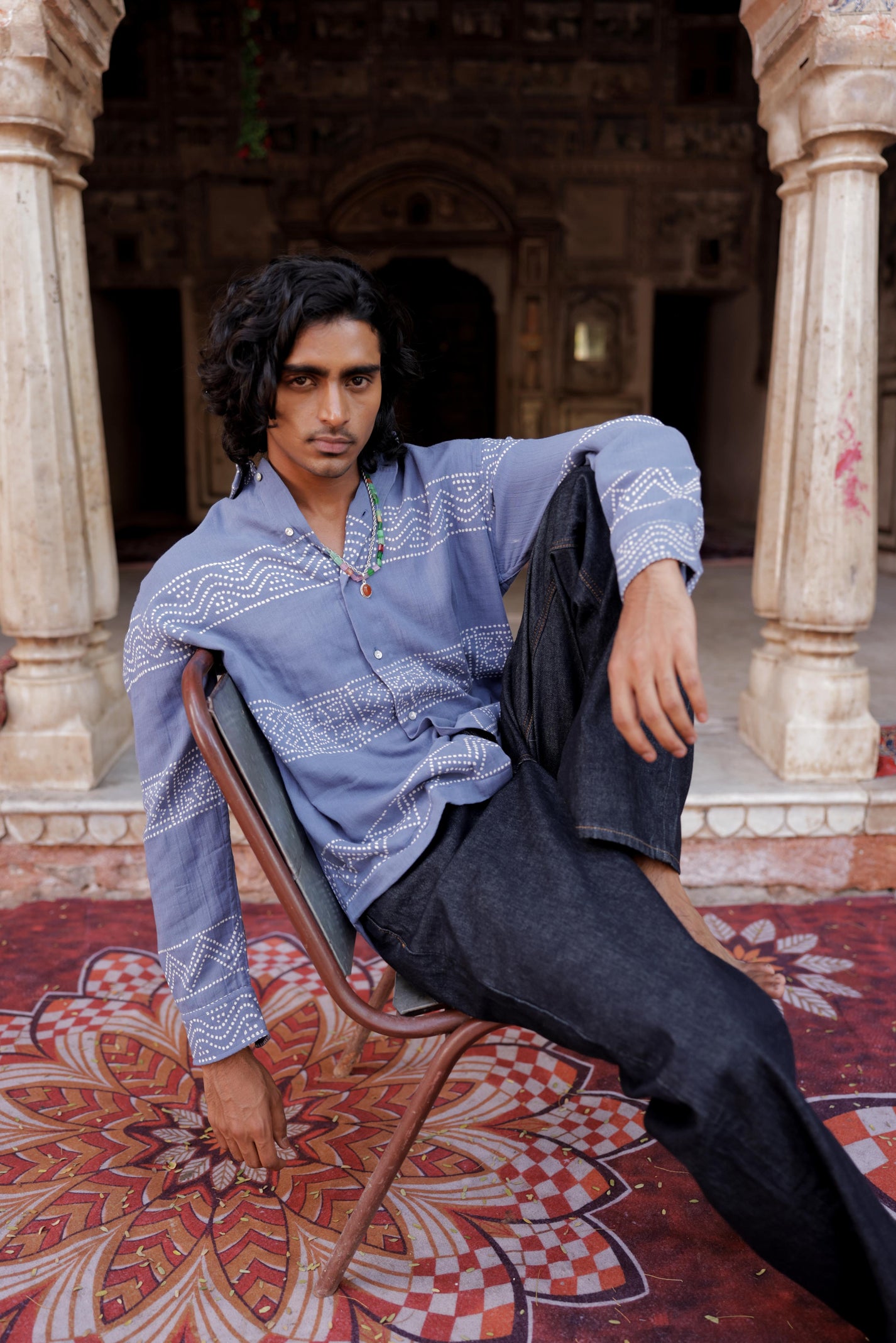 Summer Blue Hand-Blocked Panel Shirt