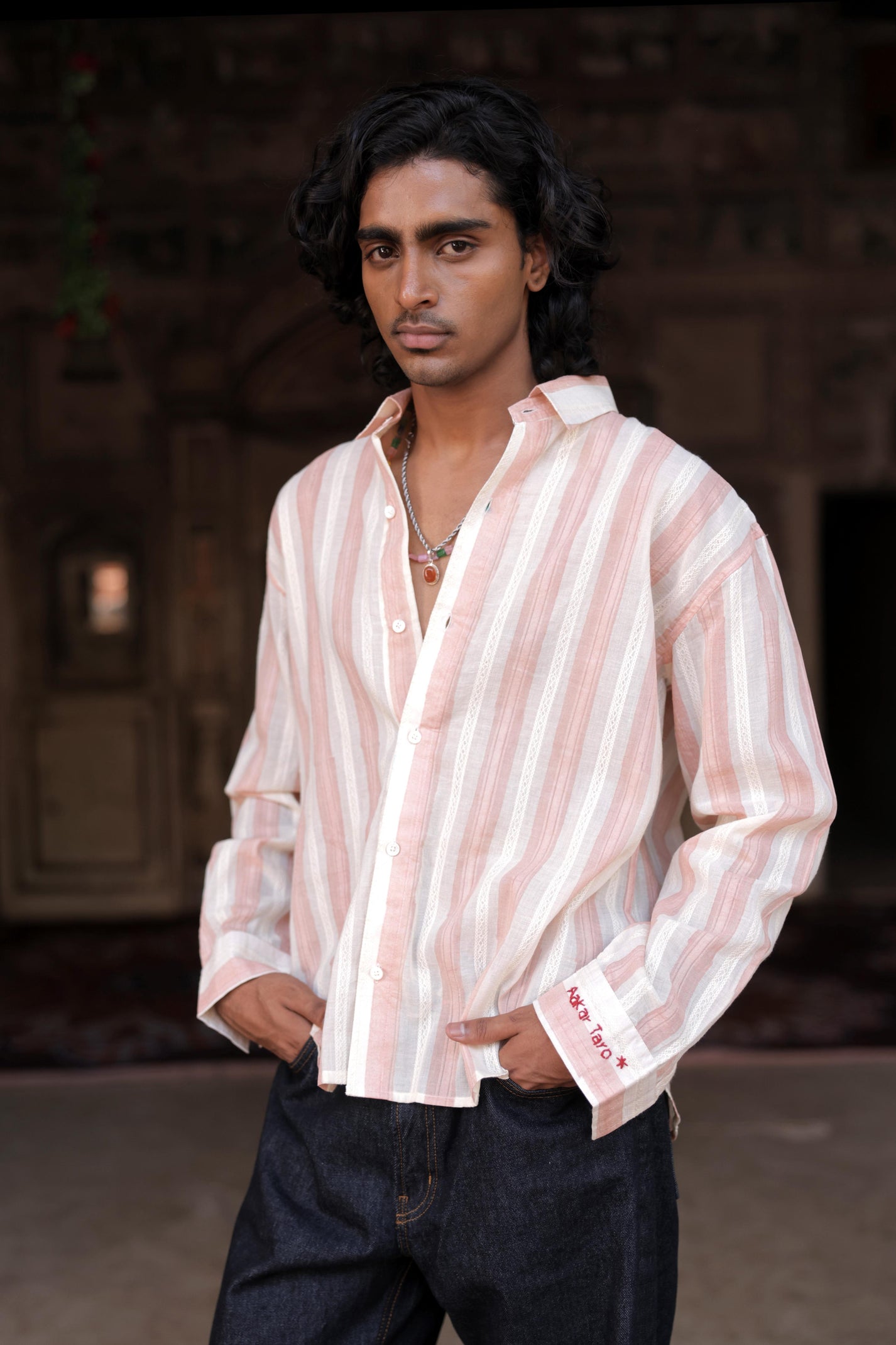 Cream &amp; Pink Hand-Blocked Dobby Shirt