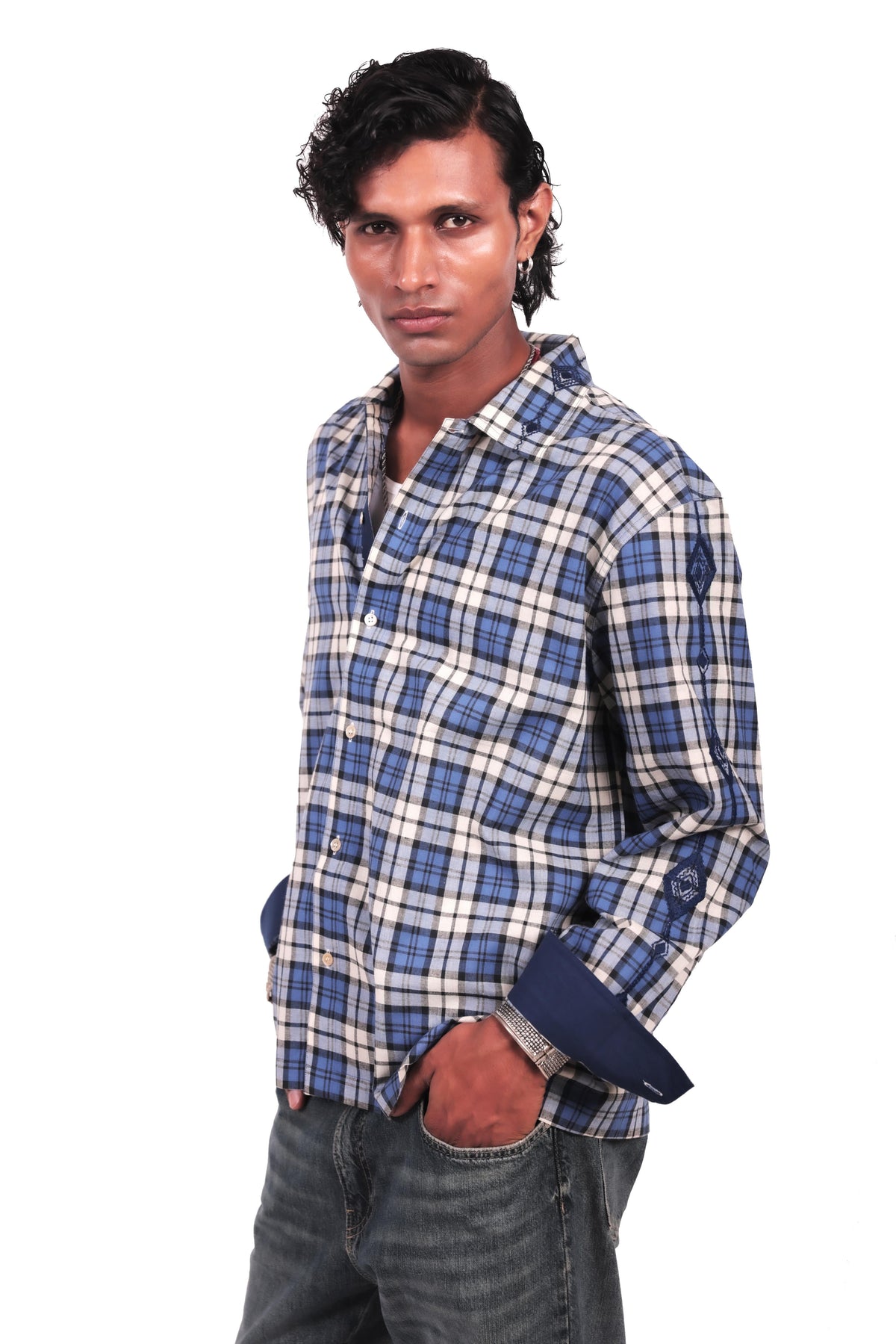 Para Blue Embroidered Checks Shirt