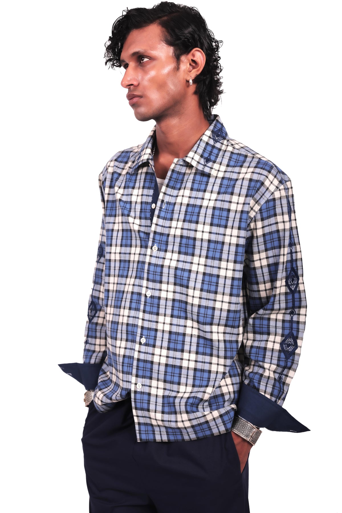 Para Blue Embroidered Checks Shirt