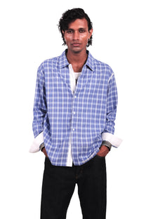 Blue and White Hand Embroidered Checks Shirt