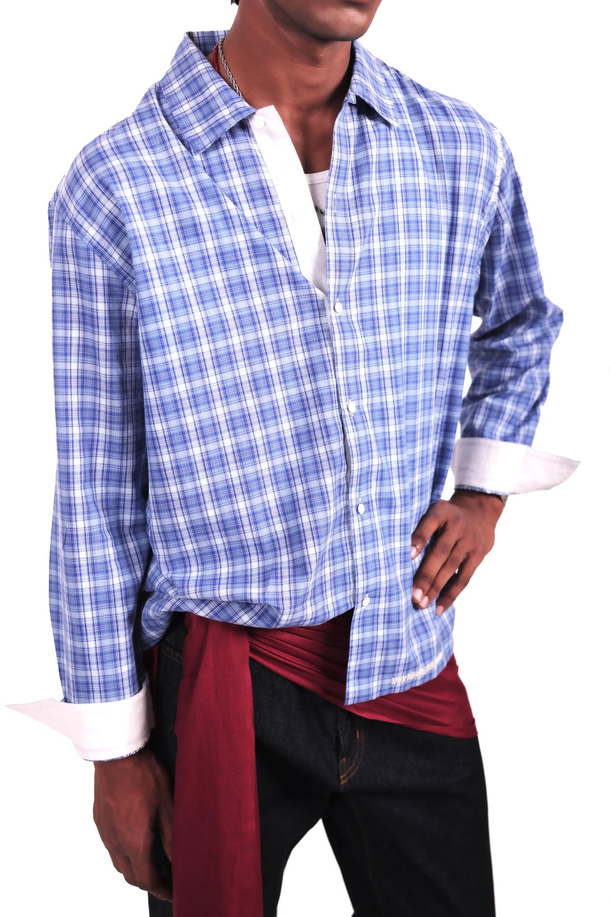 Blue and White Hand Embroidered Checks Shirt