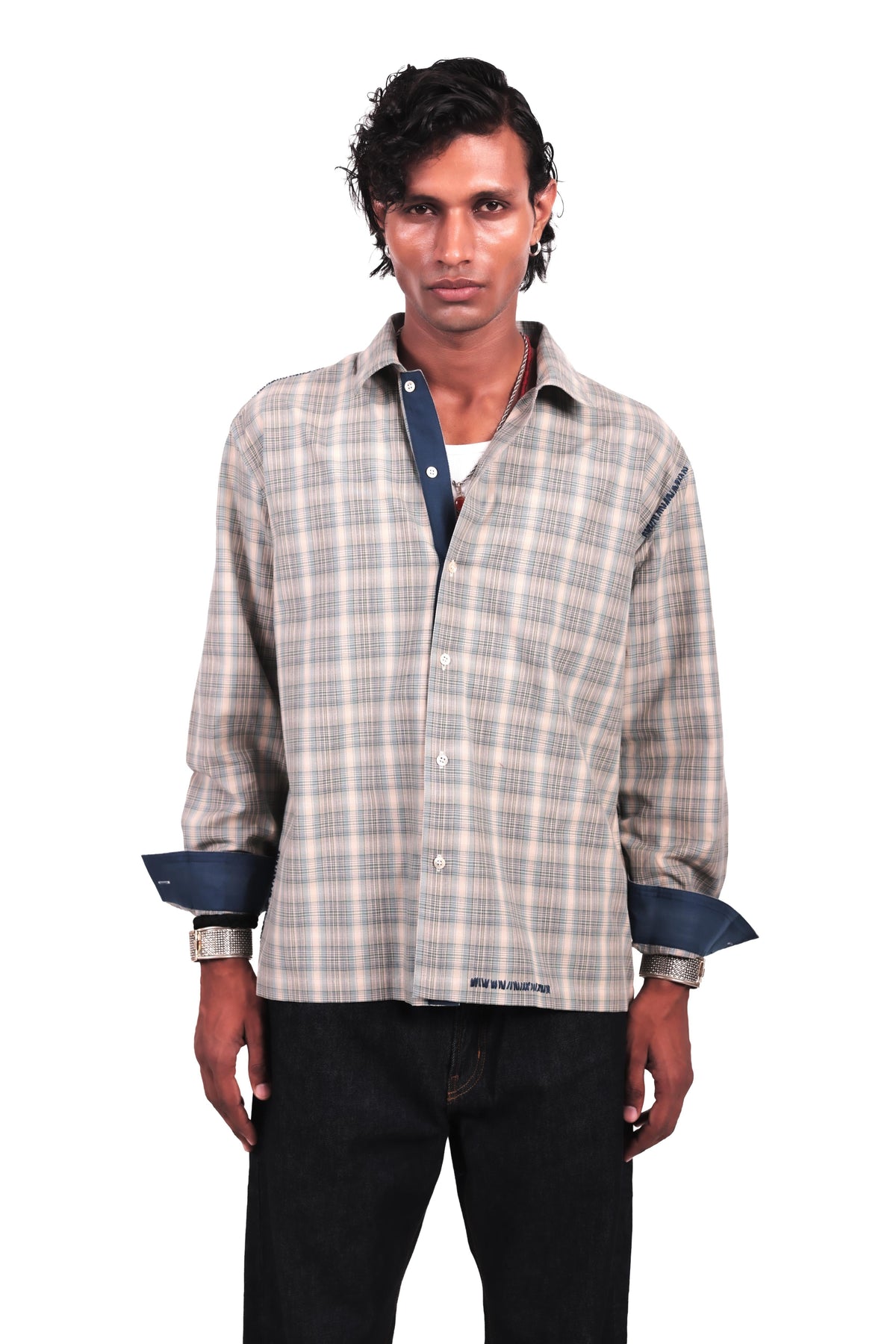 Beige and Teal Hand Embroidered Checks Shirt