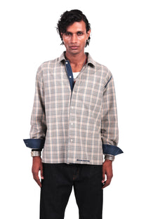 Beige and Teal Hand Embroidered Checks Shirt
