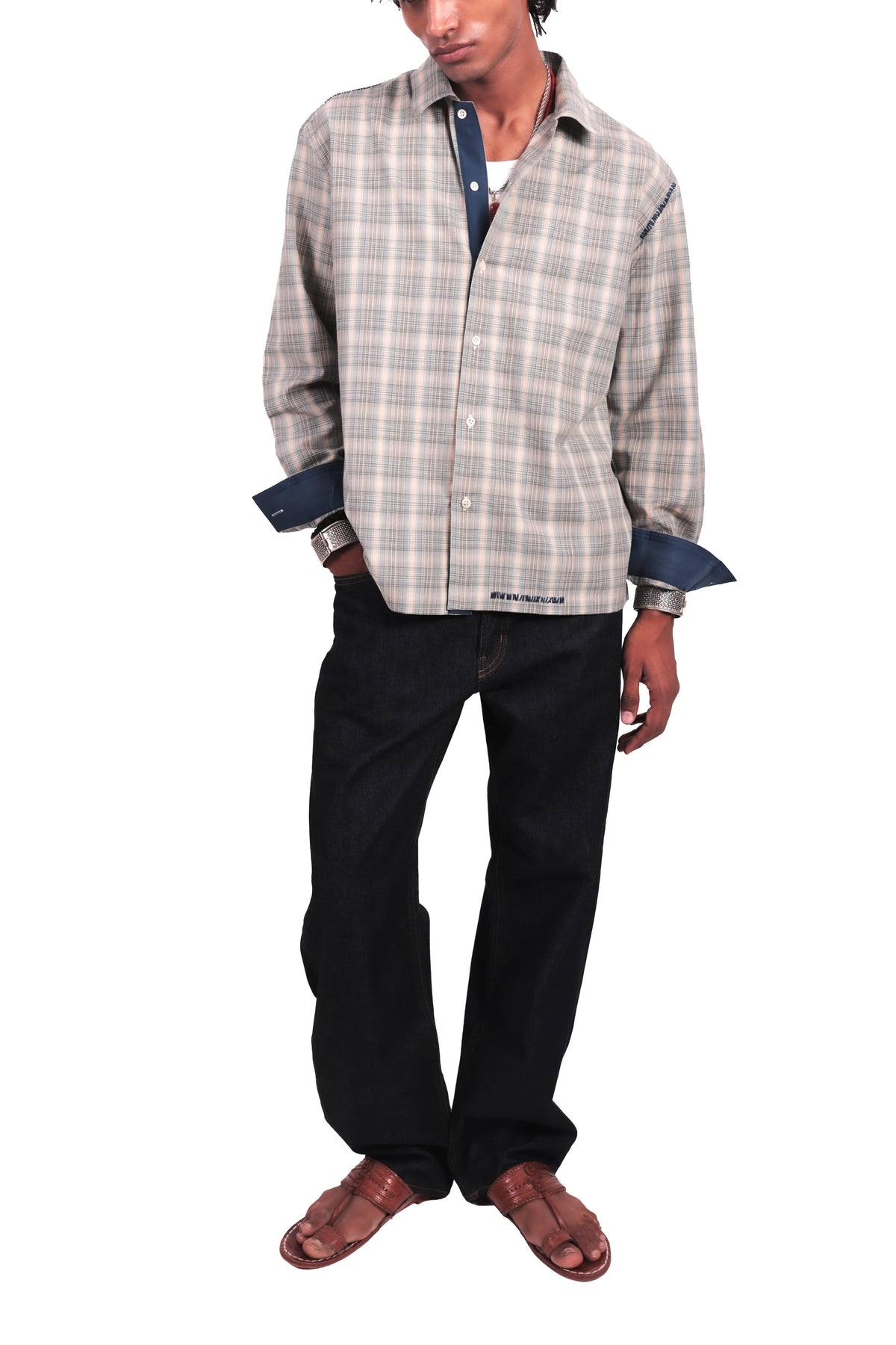 Beige and Teal Hand Embroidered Checks Shirt
