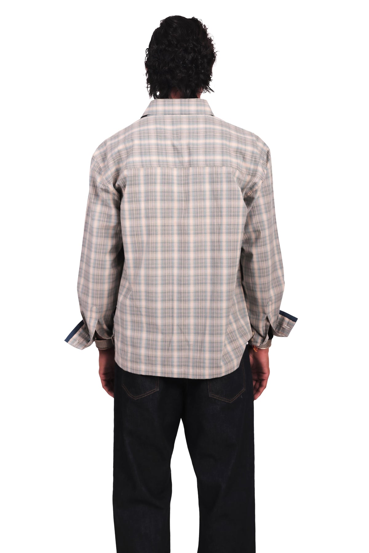Beige and Teal Hand Embroidered Checks Shirt