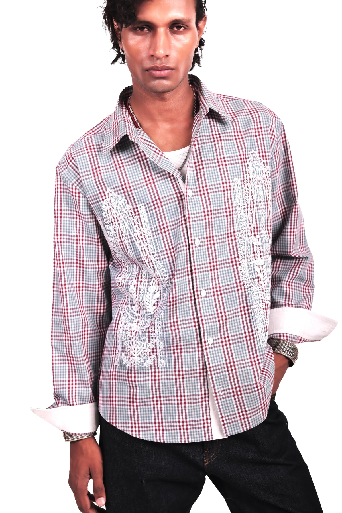 Sage Checks Boota Embroidered Shirt