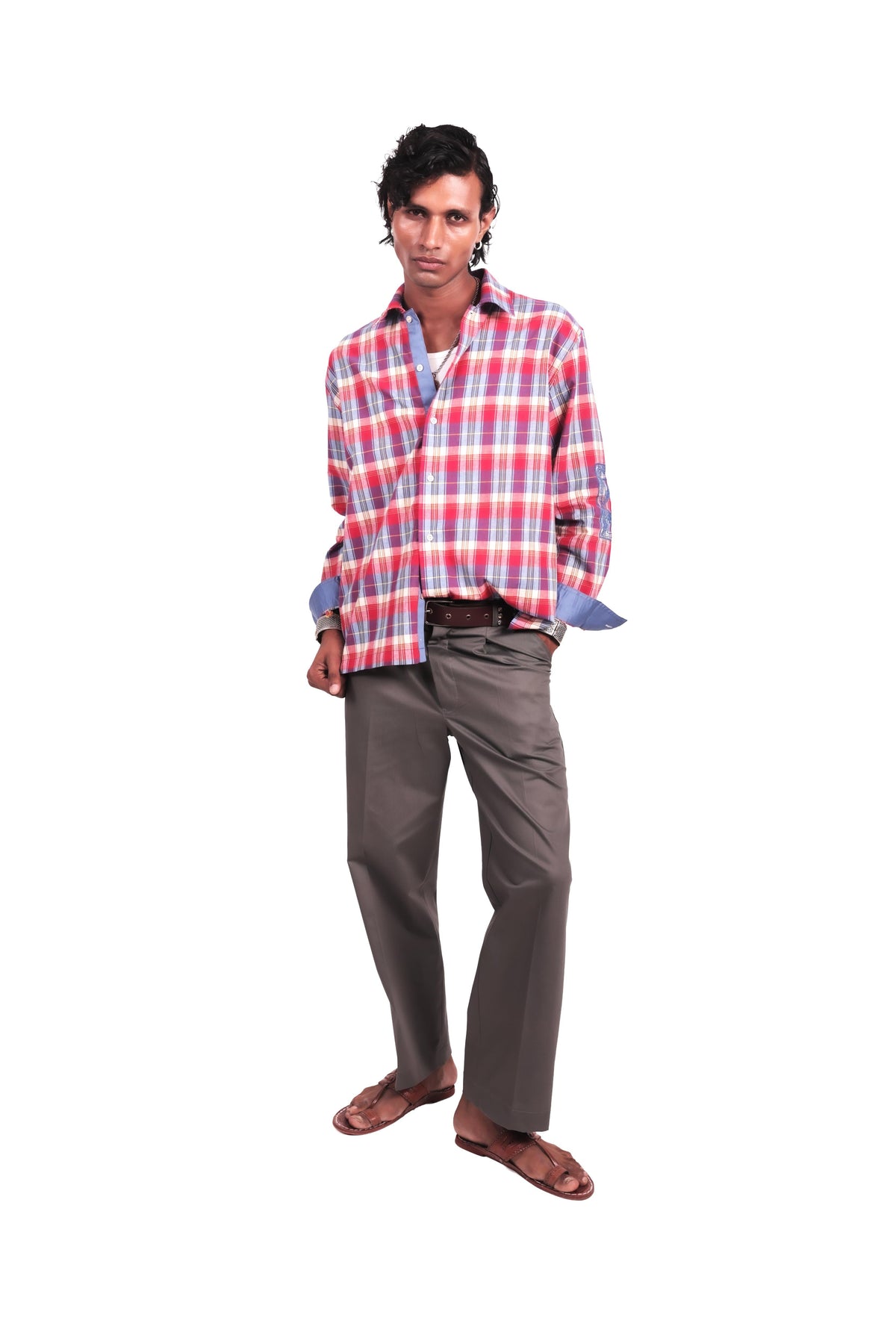Red and Blue Chowk Embroidered Checks Shirt