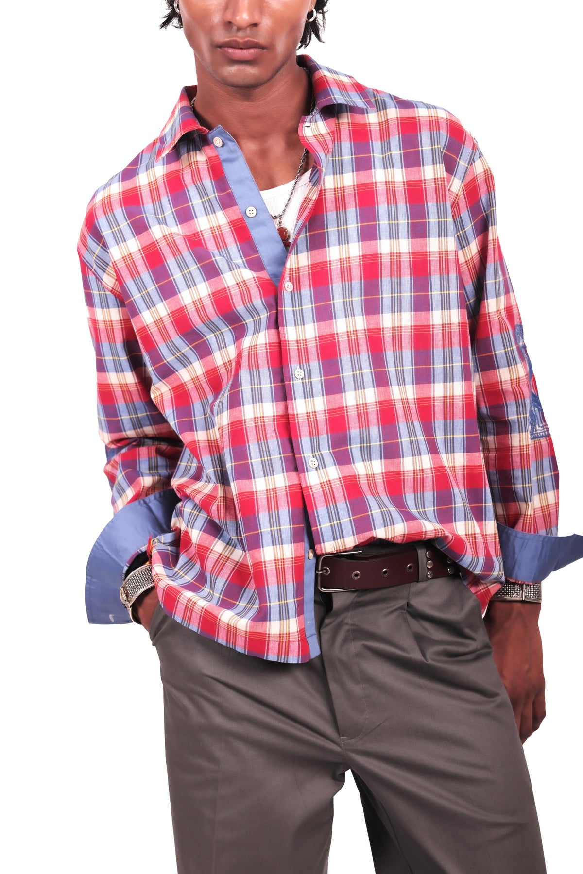 Red and Blue Chowk Embroidered Checks Shirt