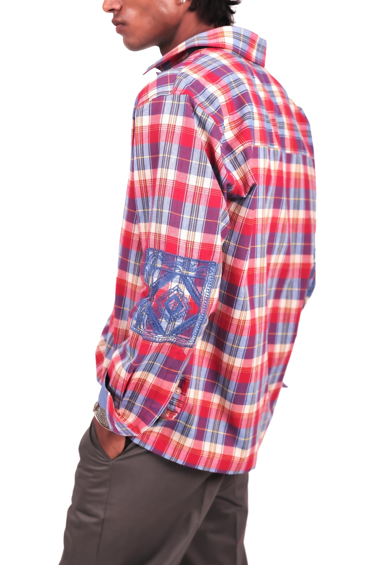 Red and Blue Chowk Embroidered Checks Shirt