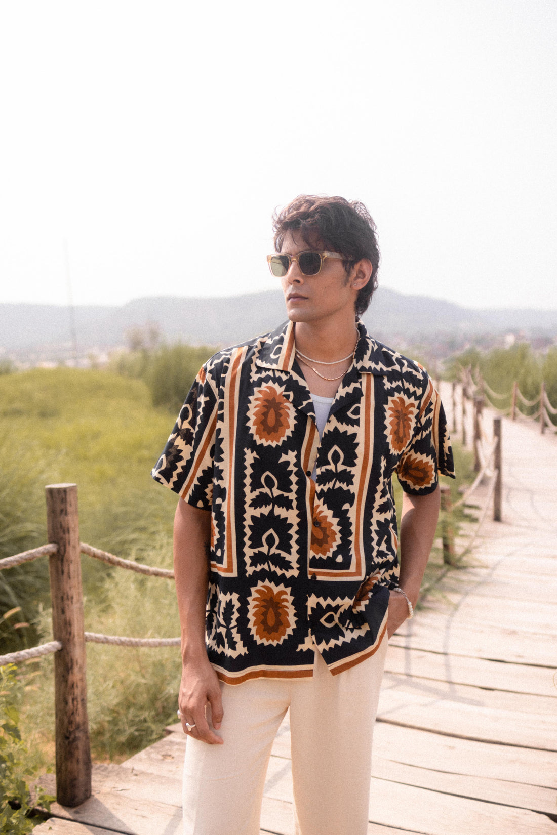 Beige &amp; Navy Printed Shirt