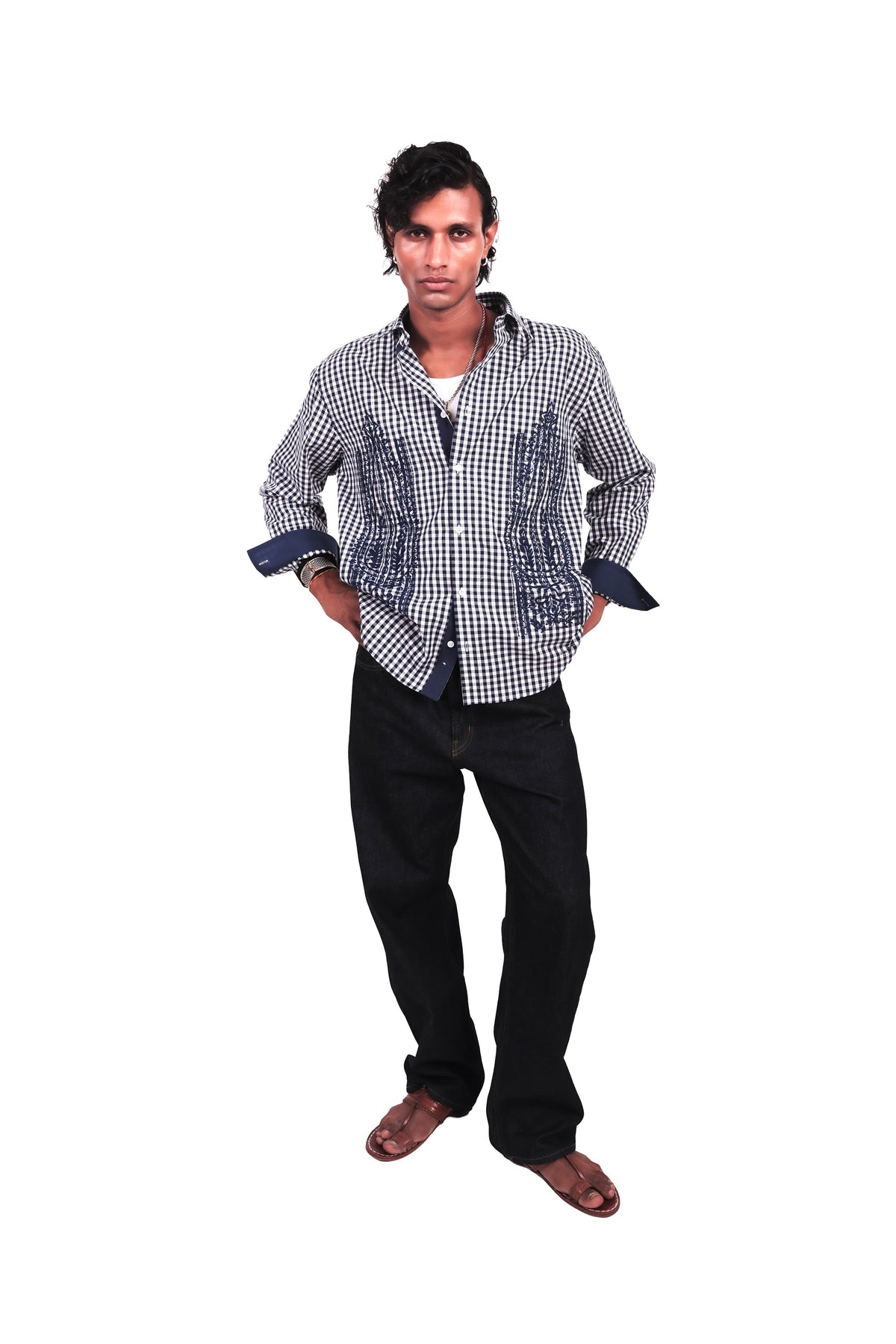 Navy and White Checks Boota Embroidered Shirt
