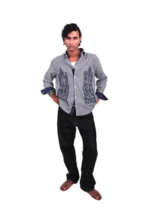Navy and White Checks Boota Embroidered Shirt