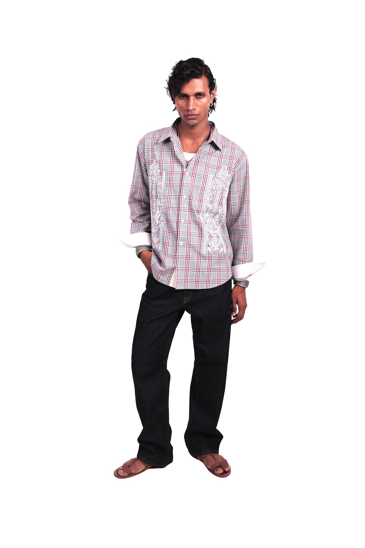 Sage Checks Boota Embroidered Shirt