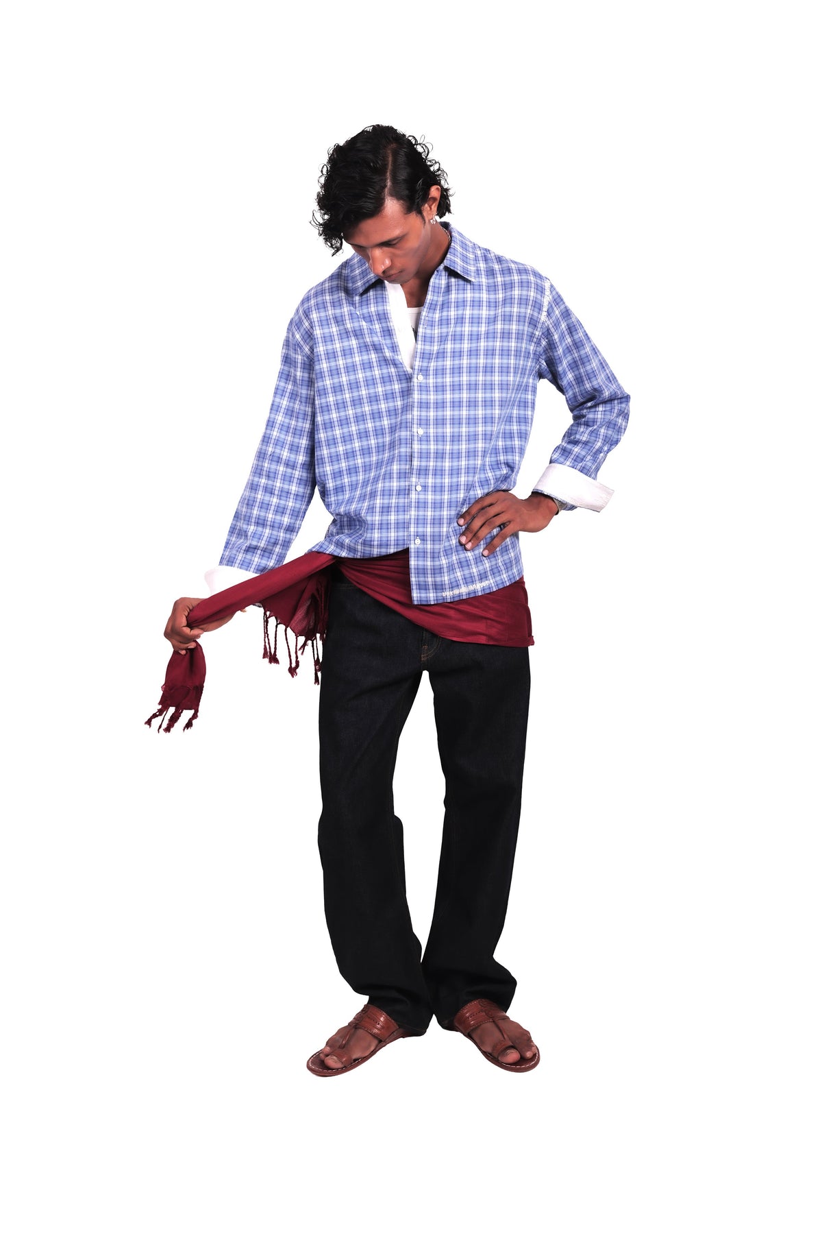 Blue and White Hand Embroidered Checks Shirt